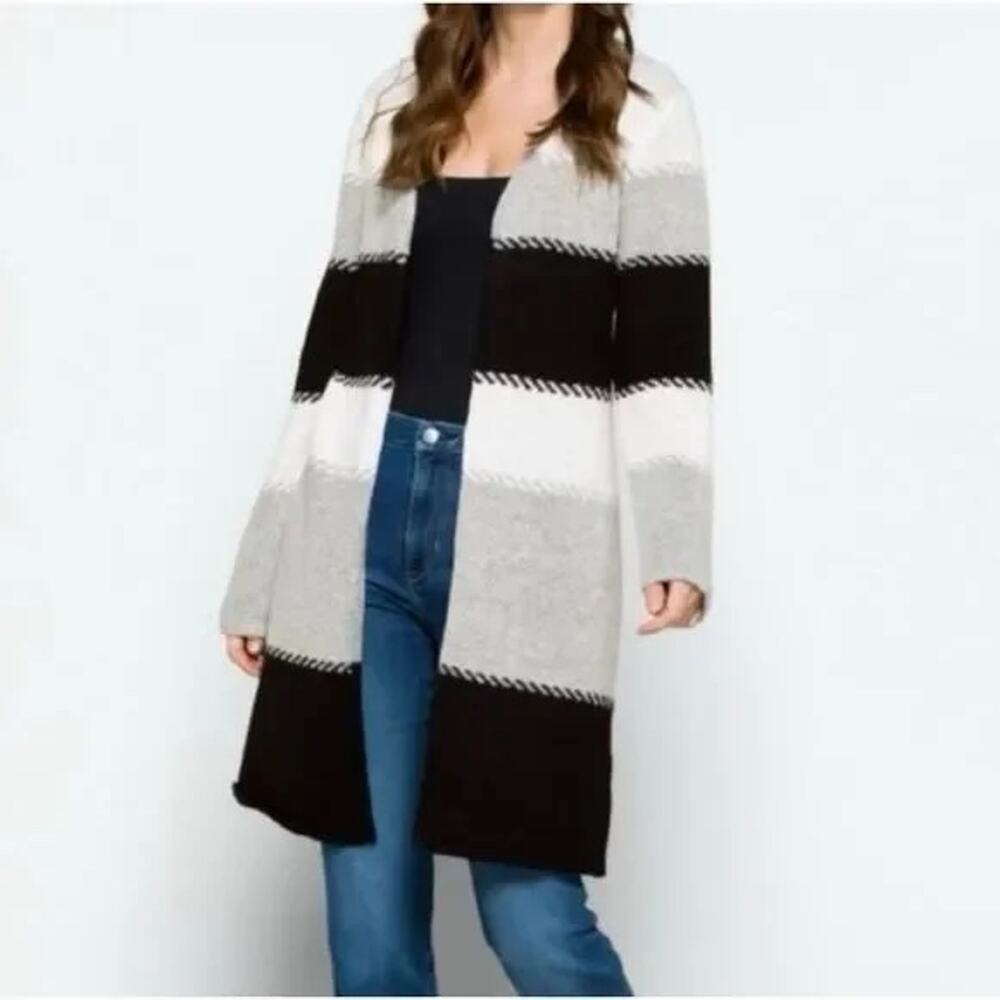 3053 NWT Stitch Fix Fortune + Ivy Adeline Long Cardigan Black Gray & White Knit